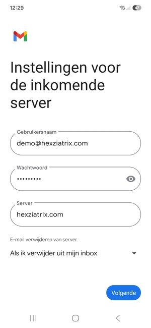Voer Gebruikersnaam en binnenkomend serveradres in. Selecteer Volgende