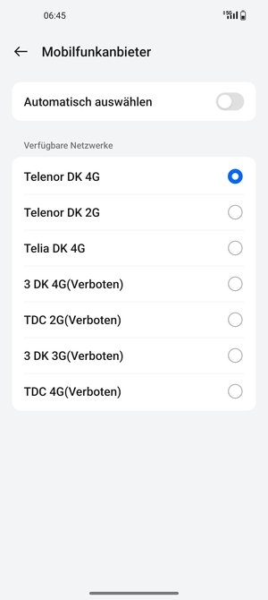 Wählen Sie einen Netzbetreiber von der Liste