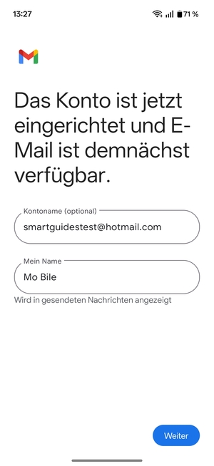 Geben Sie Ihrem Konto einen Namen und geben Sie Ihren Namen ein. Wählen Sie Weiter