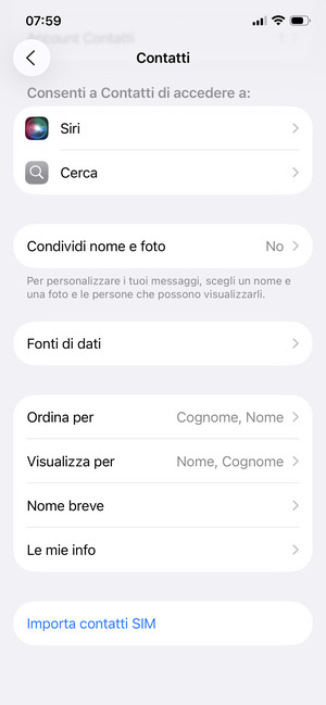 Scorri e seleziona Importa contatti SIM