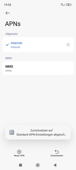 Ihr Handy wird auf Standard-Einstellungen für Internet und MMS zurückgestellt