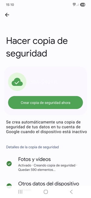 Seleccione Crear copia de seguridad ahora
