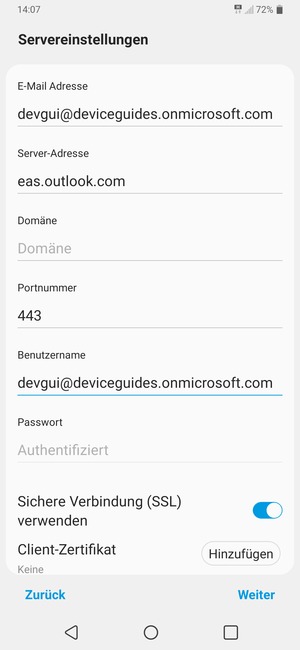 Geben Sie Exchange Server-Adresse und Benutzername ein. Wählen Sie Weiter