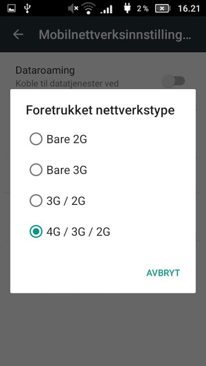 Velg ønsket alternativ