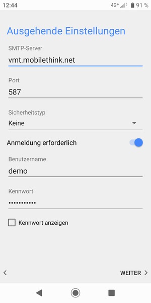 Geben Sie die Server-Adresse für ausgehende Post ein