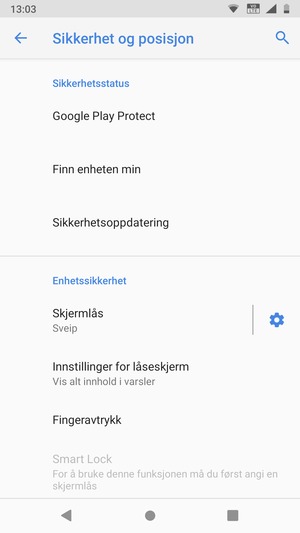 For å aktivere skjermlåsen, gå til Sikkerhet og posisjon-menyen og velg Skjermlås