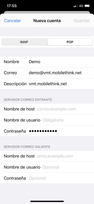 Seleccione POP o IMAP e introduzca la información de correo electrónico para SERVIDOR CORREO ENTRANTE