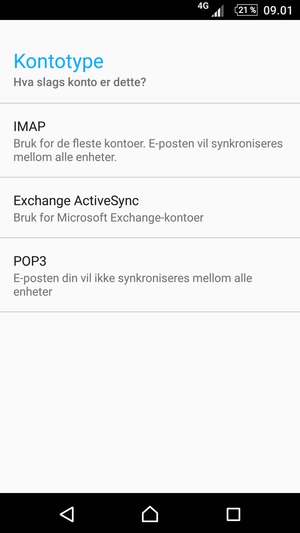 Velg IMAP eller POP3