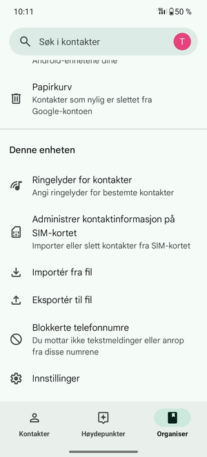 Bla til og velg Administrer kontakinformasjon på SIM-kortet