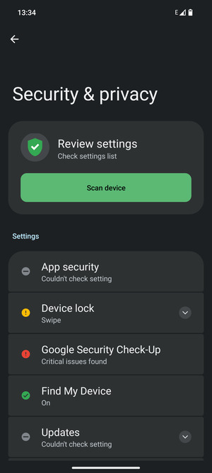 To activate your screen lock, go to the Security & privacy menu and select Device lock