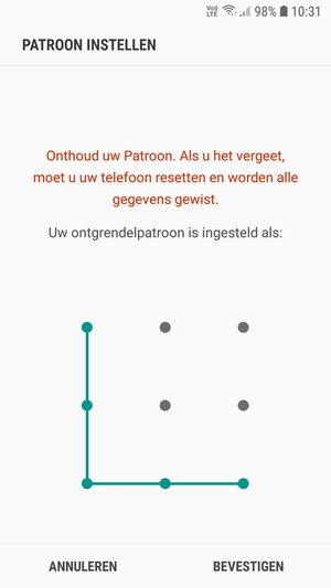 Teken het ontgrendelingspatroon nogmaals en selecteer BEVESTIGEN