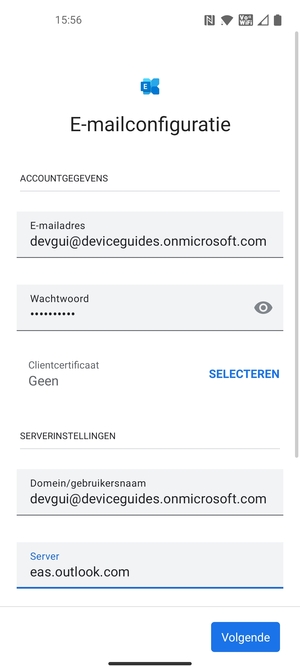Voer Gebruikersnaam en Exchange serveradres in. Selecteer Volgende