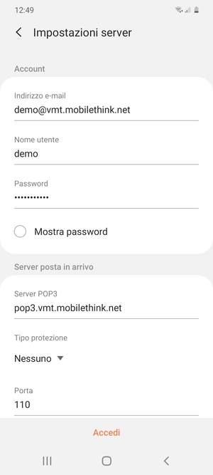 Inserisci Nome utente e l'indirizzo del server di posta in arrivo