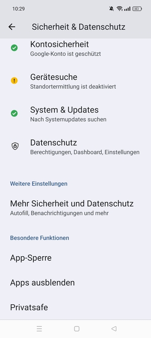 Scrollen Sie und wählen Sie Mehr Sicherheit und Datenschutz