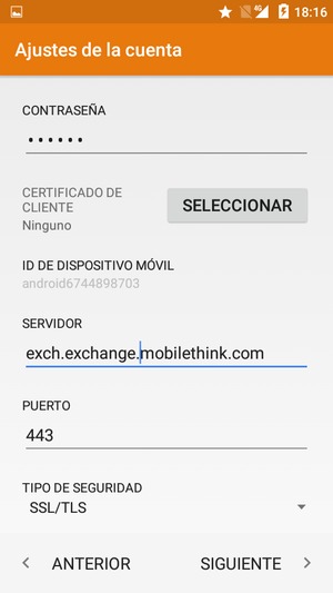 Desplácese hacia abajo e introduzca la dirección del servidor Exchange. Seleccione SIGUIENTE
