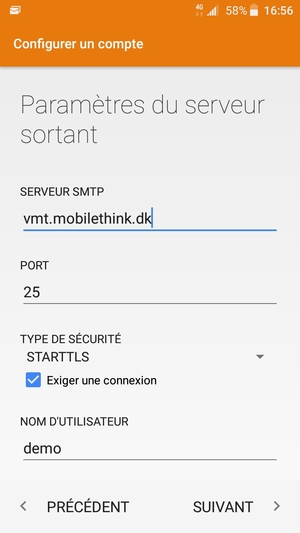 Saisissez l'adresse du serveur sortant