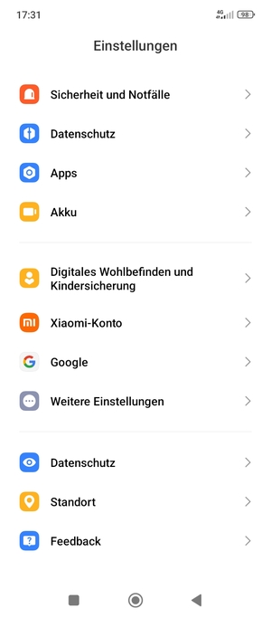Gehen Sie zurück zum Einstellungen Menü und wählen Sie Weitere Einstellungen