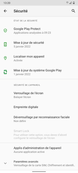 Pour modifier le code PIN de la carte SIM, faites défiler et sélectionnez Paramètres avancés
