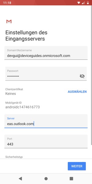 Geben Sie Benutzername und Exchange Server-Adresse ein. Wählen Sie WEITER