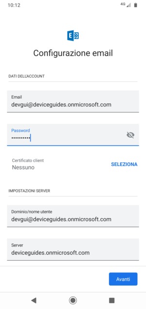 Inserisci Nome utente e l'indirizzo del server Exchange. Seleziona Avanti