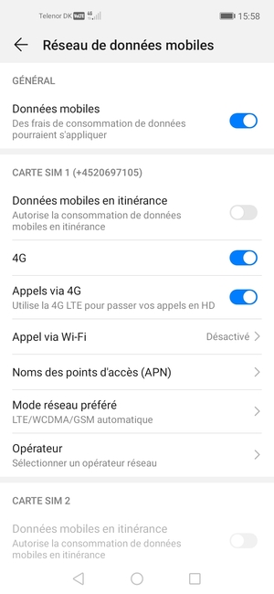 Faites défiler jusqu'à CARTE SIM 1 ou CARTE SIM 2 et sélectionnez Noms des points d'accès (APN)