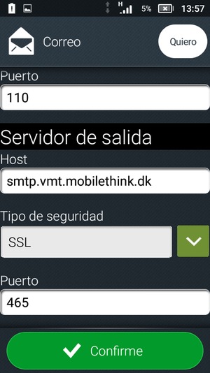Introduzca la dirección de servidor saliente y seleccione Confirme