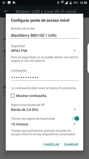 Introduzca una contraseña de punto de acceso Wi-Fi de al menos 8 caracteres y seleccione GUARDAR