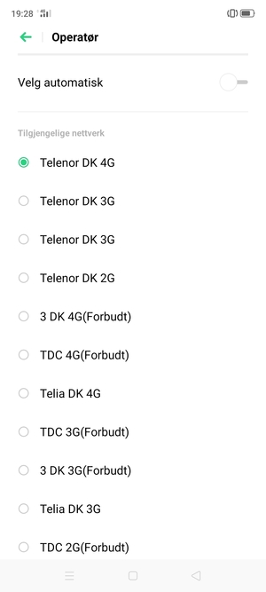 Velg en nettverksoperatør fra listen