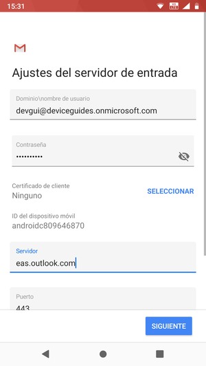 Introduzca Siguiente y la dirección de servidor Exchange. Seleccione SIGUIENTE