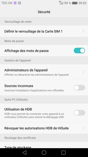 Sélectionnez Définir le verroillage de la carte SIM