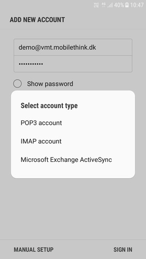 Select POP3 account or IMAP account