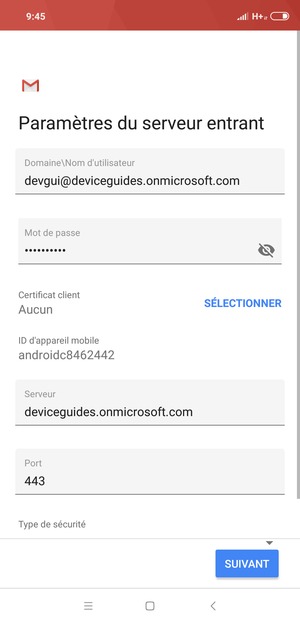 Saisissez Nom d'utilisateur et l'adresse du serveur Exchange. Sélectionnez SUIVANT