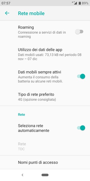 Seleziona Tipo di rete preferito