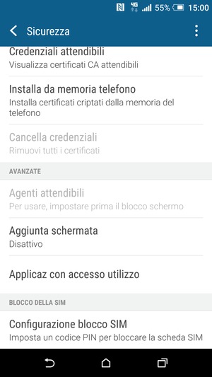 Per cambiare il PIN della scheda SIM, torna al menu Sicurezza, scorri fino a Configurazione blocco SIM e seleziona questa opzione