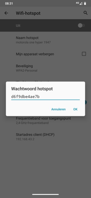 Voer een wachtwoord van een WiFi-hotspot in van ten minste 8 tekens en selecteer OK