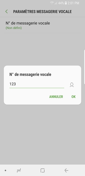Saisissez le N° de messagerie vocale et sélectionnez OK