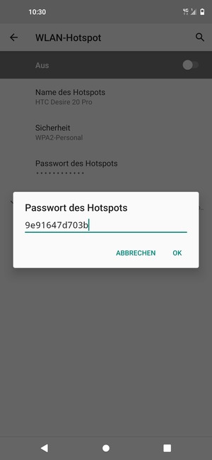 Geben Sie eine WLAN-Hotspot-Passwort mit mindestens 8 Zeichen ein und wählen Sie OK