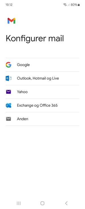 Vælg Exchange og Office 365