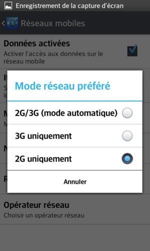 Sélectionnez 2G uniquement pour activer la 2G