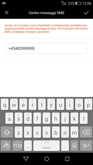 Inserisci il numero del Centro messaggi SMS e seleziona OK