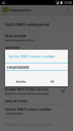 Inserisci il numero di Centro di assistenza SMS / SIM's smsc e seleziona OK