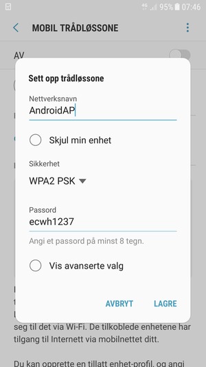 Skriv inn et passord på minst 8 tegn og velg LAGRE