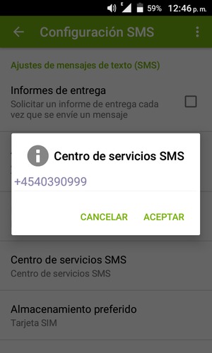 Introduzca el número de Centro de servicios SMS y seleccione ACEPTAR