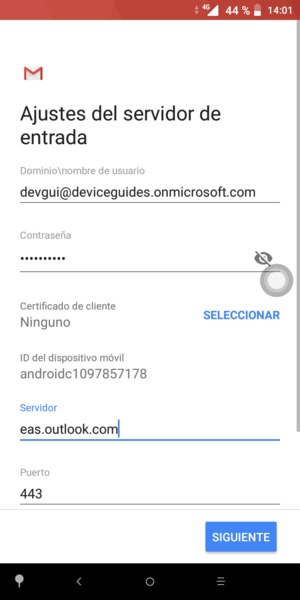 Introduzca Nombre de usuario y la dirección de servidor Exchange. Seleccione SIGUIENTE