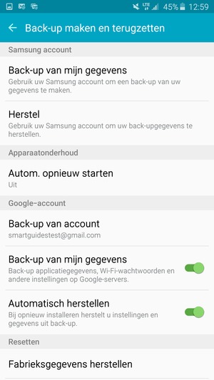 Selecteer Back-up van account