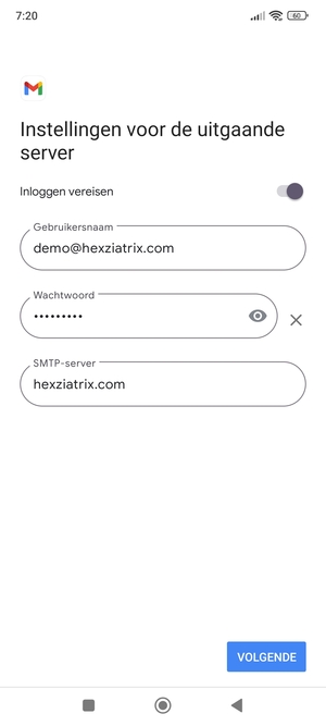 Voer Uitgaand serveradres in en selecteer VOLGENDE