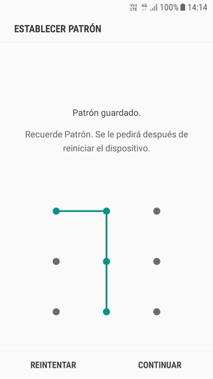 Dibuje un patrón de desbloqueo y seleccione CONTINUAR
