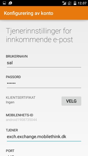 Skriv inn Brukernavn og Exchange serveradresse