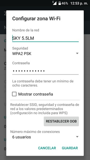 Introduzca una contraseña de punto de acceso Wi-Fi de al menos 8 caracteres y seleccione GUARDAR