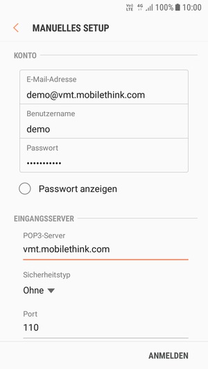 Geben Sie Benutzername und die Server-Adresse für eingehende Post ein